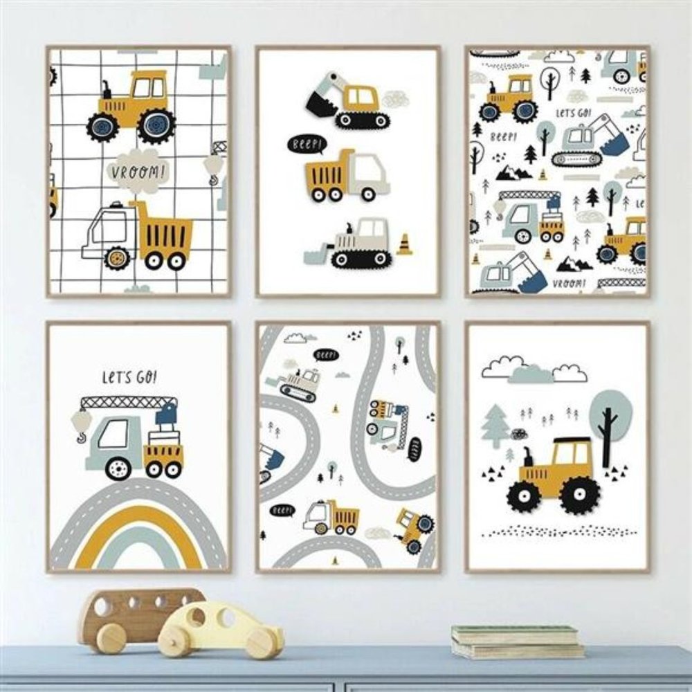 Nursery Decor Kids Construction Tractor Vehicles Wall Art Set of 6 Prints 8.5x11